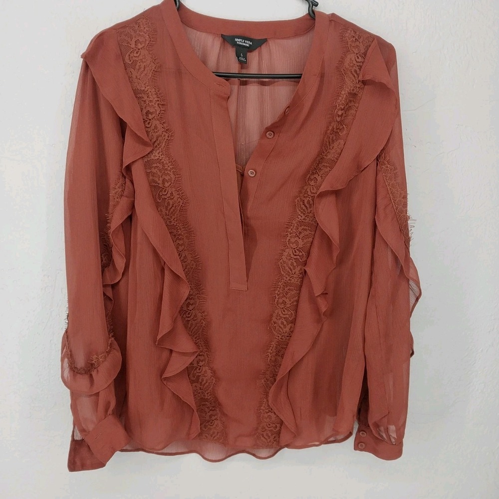 Simply Vera Vera Wang Rust Orange Ruffle Lace Trim Sheer Chiffon Blouse Small‎